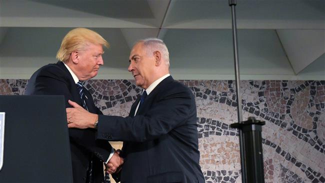 US President Donald Trump (L) shakes hands with Israeli Prime Minister Benjamin Netanyahu at the podium at the Israel Museum in Jerusalem al-Quds on May 23, 2017. (Photo by AFP)