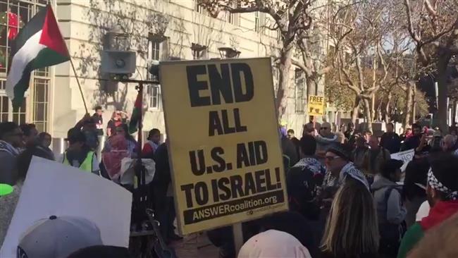 More than 100 people rallied at San Francisco’s United Nations Plaza on Saturday, December 9, 2017, to condemn US President Donald Trump’s decision to recognize Jerusalem al-Quds as the capital of Israel.