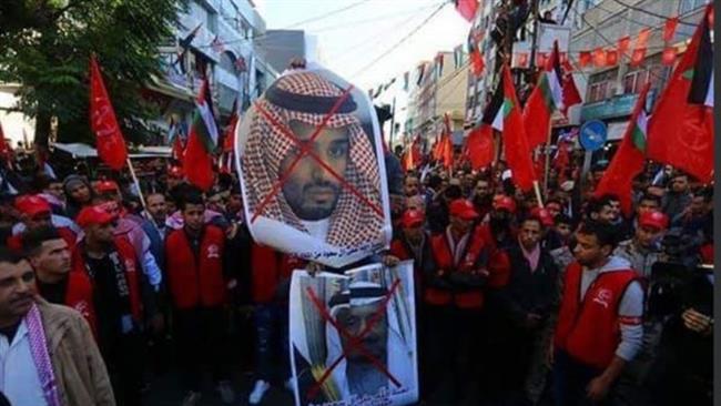 Palestinian protesters carry crossed-out pictures of Saudi Crown Prince Mohammad bin Salman and his father King Salman during a protest in the Gaza Strip on December 9, 2017.