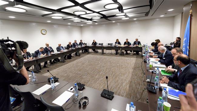 The Syrian government delegation meets UN Special Envoy for Syria Staffan de Mistura during the intra-Syrian peace talks in Geneva, Switzerland, December 14, 2017. (Photo by Reuters)