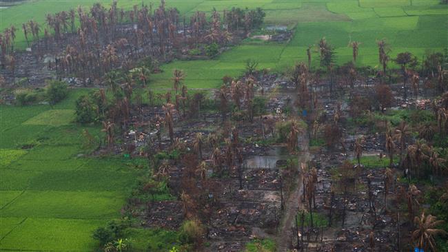This file photo taken on September 27, 2017 shows and aerial view of burnt villages near Maungdaw in Myanmar’s Rakhine state. (By AFP)