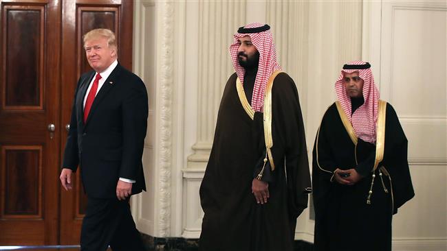 US President Donald Trump in the State Dining Room of the White House with Mohammed bin Salman, then-deputy crown prince and minister of defense of Saudi Arabia, on March 14, 2017. (Getty Images)