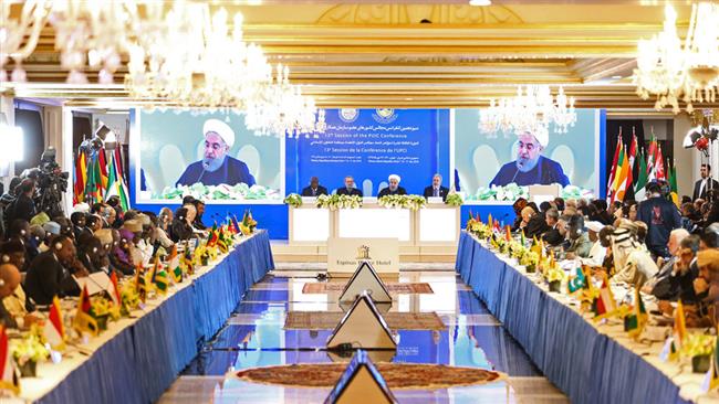 Iranian President Hassan Rouhani addresses the the 13th Session of the Parliamentary Union of the Organization of Islamic Cooperation (OIC), Tehran, January 16, 2018. (Photo by Mehr)