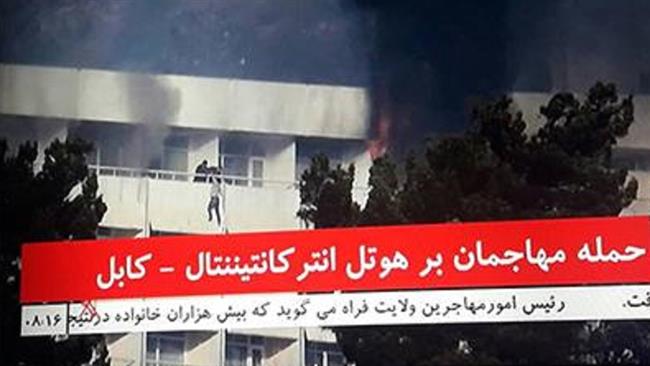 This photo, taken from footage by the local Tolo news agency on January 21, 2018, purportedly shows a man trying to escape from the 6th floor of the Intercontinental Hotel in Kabul.