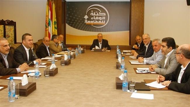 Loyalty to the Resistance parliamentary bloc members attend a meeting in Beirut in a photo released by the Hezbollah media office.