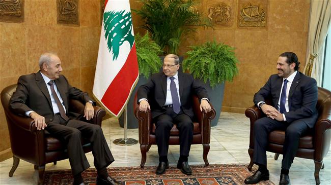 Lebanese President Michel Aoun (C) meets Parliament Speaker Nabih Berri (L) and Prime Minister Saad Hariri at the presidential palace in Baadba, on the outskirts of the Lebanese capital Beirut, on November 27, 2017. (Photo by the Lebanese photo agency Dalati and Nohra)