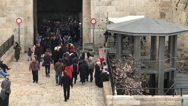 The file photo taken from Twitter shows a two-storey watchtower checkpoint under construction at Damascus Gate, a key entrance to the Old City of Jerusalem al-Quds.