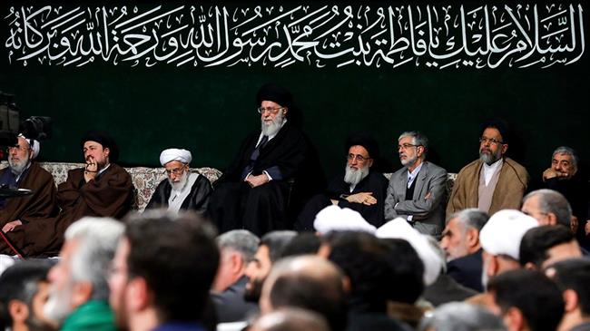 Leader of the Islamic Revolution Ayatollah Seyyed Ali Khamenei and senior Iranian officials pay tribute to Hazrat Fatima (AS) during a ceremony in Tehran on February 19, 2018. (Photo by Fars news agency)