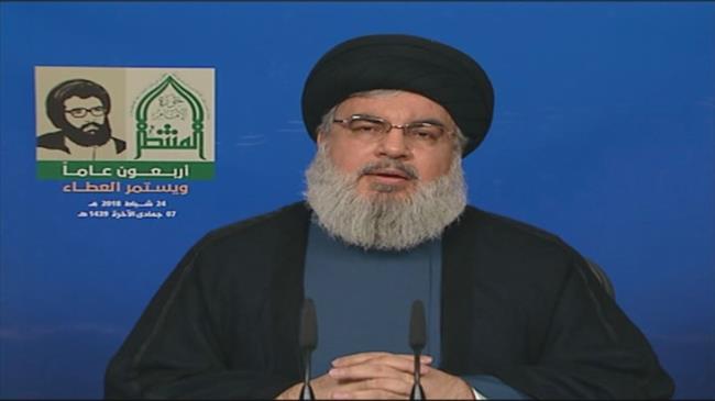 Secretary General of the Lebanese Hezbollah resistance movement, Sayyed Hassan Nasrallah, delivers a televised speech from the city of Baalbek, eastern Lebanon, on February 24, 2018.