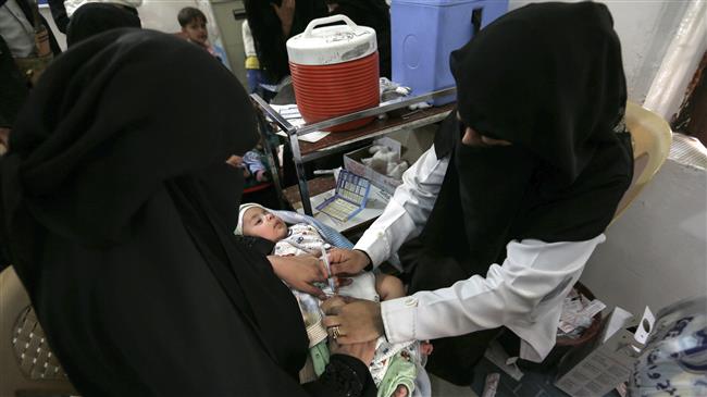 A Yemeni child receives a diphtheria vaccine at a health center in the capital Sana’a on March 14, 2018. (Photo by AFP)