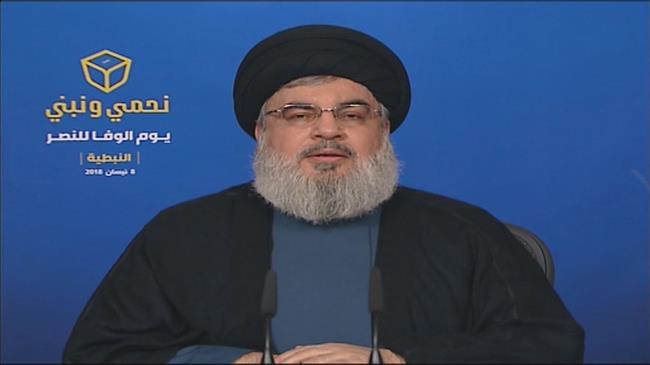 Sectary General of the Lebanese Hezbollah resistance movement, Sayyed Hassan Nasrallah, addresses his supporters via a televised speech broadcast live from the coastal city of Byblos on April 23, 2018.