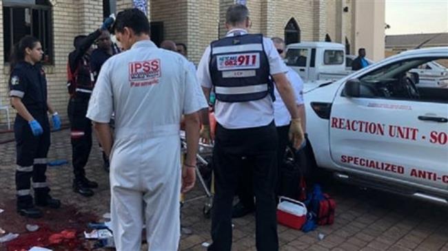 This image purportedly shows members of law enforcement units gathered at the site of a stabbing incident at a mosque in Durban, South Africa.