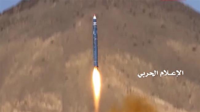 The undated photo, provided by the media bureau of Yemen’s Operations Command, shows a Yemeni missile shortly after launch.