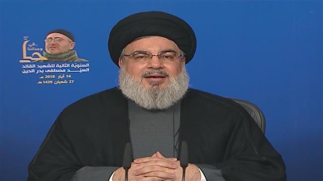 The secretary general of the Lebanese Hezbollah resistance movement, Sayyed Hassan Nasrallah, addresses his supporters via a televised speech broadcast from the Lebanese capital city of Beirut on May 14, 2018.