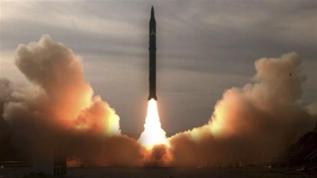 The undated photo, provided by the media bureau of Yemen’s Operations Command, shows a Yemeni missile shortly after launch.