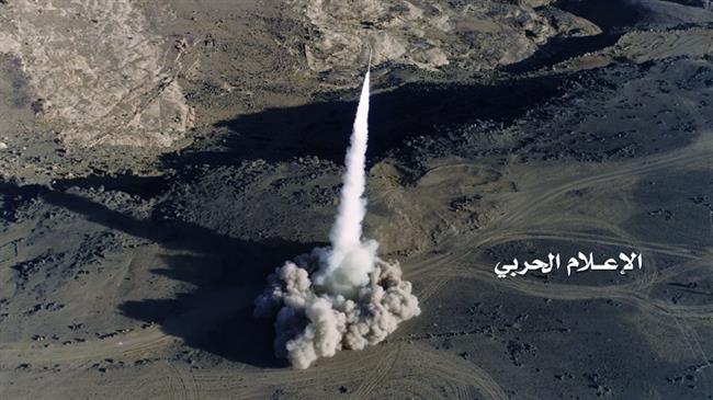 This file picture shows a domestically-designed and -developed Badr-1 ballistic missile shortly after launch in Yemen. (Photo by the media bureau of Yemen’s Operations Command)