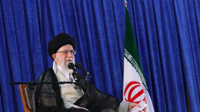 Leader of the Islamic Revolution Ayatollah Seyyed Ali Khamenei addresses thousands of Iranian people and authorities gathered at the mausoleum of the late founder of the Islamic Republic, Imam Khomeini in Tehran on June 4, 2018 to mourn the 29th anniversary of his demise. (Photo by khamenei.ir)
