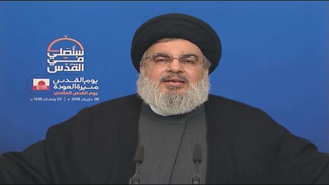 Secretary General of the Lebanese Hezbollah resistance movement, Sayyed Hassan Nasrallah, addresses his supporters via a televised speech broadcast live from the Lebanese capital city of Beirut on the occasion of the international Quds Day on June 8, 2018.