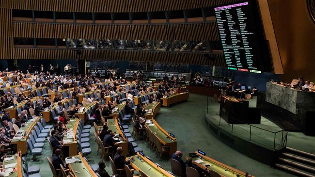 Delegations vote to condemn Israeli actions in Gaza, at the UN General Assembly on June 13, 2018 in New York. (Photo by AFP)