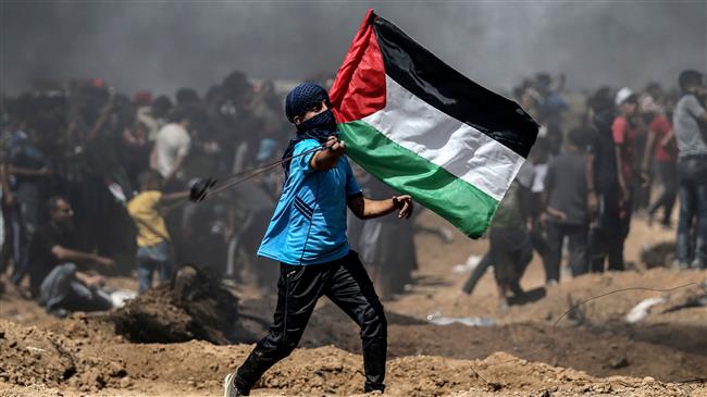 A Palestinian protestor waves his national flag during a demonstration along the border with occupied territories east of Jabalia in the central Gaza Strip on June 8, 2018. (Photo by AFP)