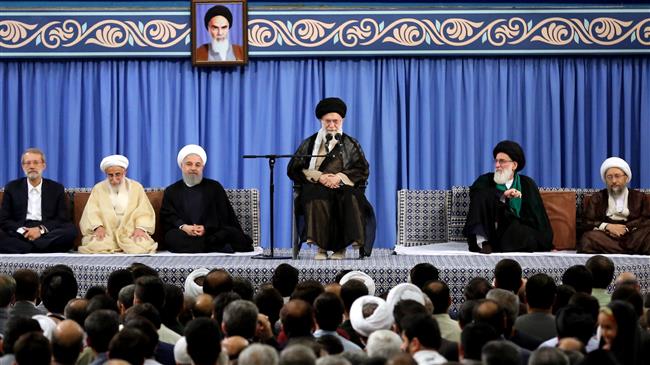 Ayatollah Khamenei adrresses state officials as well as ambassadors of Muslim countries on the occasion of Eid al-Fitr in Tehran on Friday. (Photo by Khamenei.ir)