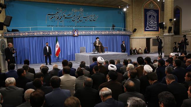 Leader of the Islamic Revolution Ayatollah Seyyed Ali Khamenei addresses Iranian parliamentarians in Tehran, June 20, 2018.
