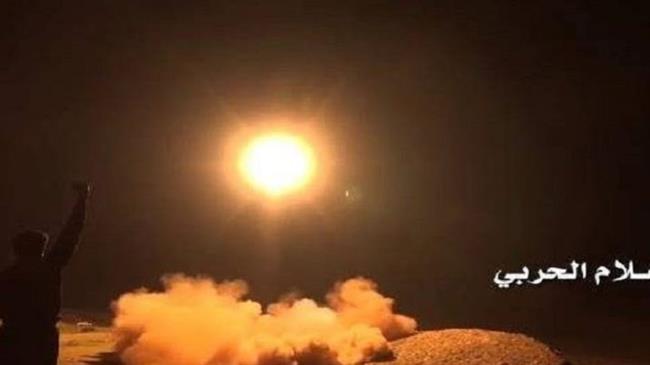 A photo distributed by the Houthi Military Media Unit shows the launch by Houthi forces of a ballistic missile aimed at Saudi Arabia.