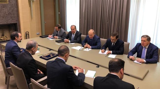 Ali Akbar Velayati, senior aide to Leader of the Islamic Revolution Ayatollah Seyyed Ali Khamenei, (2nd-left) and other Iranian delegates meet Russian President Vladimir and senior diplomats in Moscow, July 12, 2018.