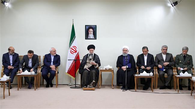 Leader of the Islamic Revolution Ayatollah Seyyed Ali Khamenei (C) addresses a meeting with Iranian President Hassan Rouhani (4th R) and his cabinet in Tehran on July 15, 2018. (Photo by leader.ir)