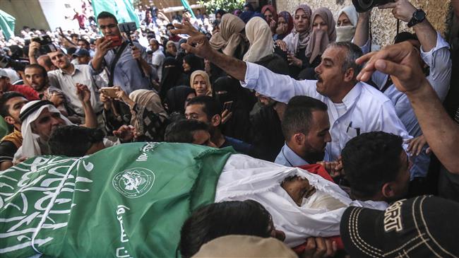 Palestinian mourners carry the body of Hamas member Mohamed Abu Daqa during his funeral in Khan Yunis in the southern Gaza Strip on July 21, 2018. (Photo by AFP)
