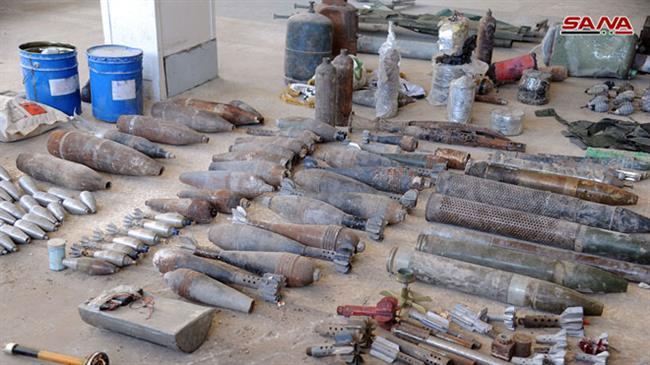 This picture shows munitions discovered by Syrian government forces at militant arms depots in the country