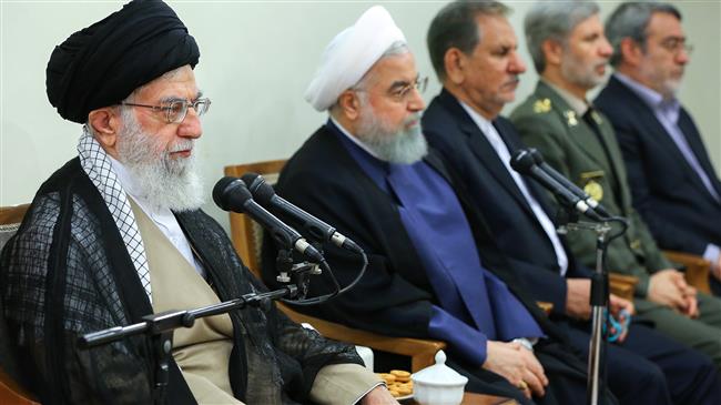 Leader of the Islamic Revolution Ayatollah Seyyed Ali Khamenei (L) meets with President Hassan Rouhani (2nd-L) and his cabinet in Tehran on August 29, 2018. (Photo by khamenei.ir)