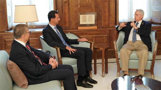 Syrian President Bashar al-Assad (2nd-L) meets visiting US Republican Senator Richard Hayden Black in Damascus, Syria, on September 5, 2018. (Photo by SANA)