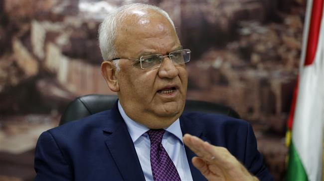 Saeb Erekat, Secretary General of the Palestine Liberation Organization, speaks to journalists in the occupied West Bank city of Ramallah on September 1, 2018. (Photo by AFP)