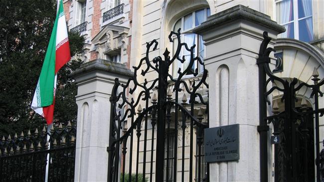 File photo shows the entrance of the Islamic Republic of Iran’s Embassy in Paris.