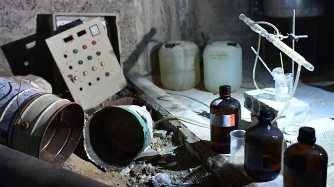 File photo of a laboratory used by militants to produce chemical agents and explosives in the Damascus suburb of Douma. (Photo by Sputnik)