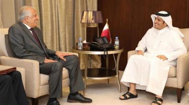 The US Special Representative for Afghanistan Reconciliation Ambassador, Zalmay Khalilzad meets with Qatari Deputy Prime Minister and Minister of Foreign Affairs, Sheikh Mohamed bin Abdulrahman al-Thani, in the capital Doha on October 12, 2018.