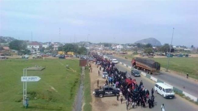 This October 28, 2018 photo published in the Nigerian media shows security forces at the scene of a peaceful march by members of the Islamic Movement in Nigeria, in in Zuba, north of the capital Abuja.