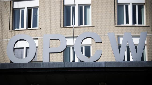 This file photo taken on April 18, 2018 shows the logo of the Organisation for the Prohibition of Chemical Weapons (OPCW) pictured outside the headquarters in The Hague, The Netherlands. (Photo by AFP)