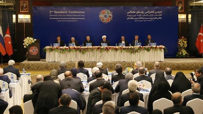 The second conference of parliament speakers from Afghanistan, China, Iran, Pakistan, Russia and Turkey on the challenge of terrorism and inter-regional connectivity kicks off in Tehran, Iran, December 8, 2018.