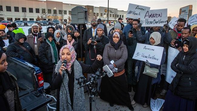 Representative-elect Ilhan Omar speaks during a rally at the Amazon fulfillment center in Shakopee, Minnesota, on December 14, 2018. (Photo by AFP)