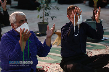 مراسم دعای عرفه با رعایت بهداشت در حرم امام زاده هلال بن علی