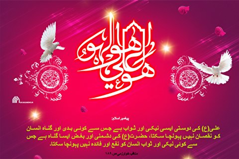 اسٹیکر: امام علی دوستی ثواب اور دشمنی ناقابل بخشش گناہ ہے