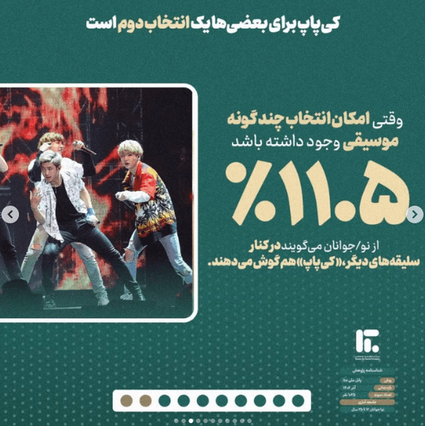 سهم کیپاپ از موسیقی اول نوجوان ایرانی فقط ۲.۵ درصد است سهم کیپاپ از موسیقی اول نوجوان ایرانی فقط ۲.۵ درصد است