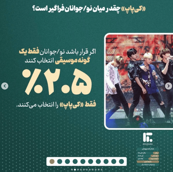سهم کیپاپ از موسیقی اول نوجوان ایرانی فقط ۲.۵ درصد است سهم کیپاپ از موسیقی اول نوجوان ایرانی فقط ۲.۵ درصد است