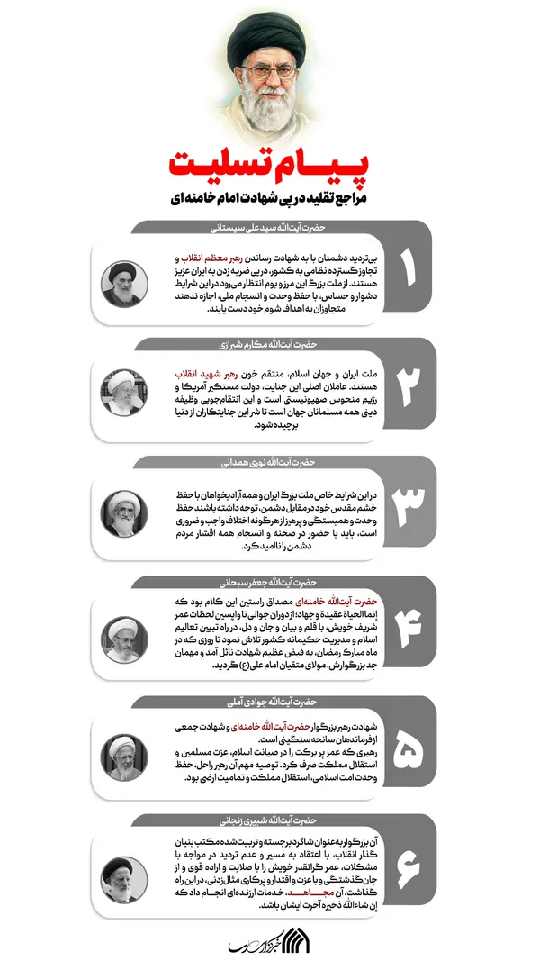اطلاع نگاشت | پیام تسلیت مراجع تقلید در پی شهادت امام خامنه&zwnj;ای