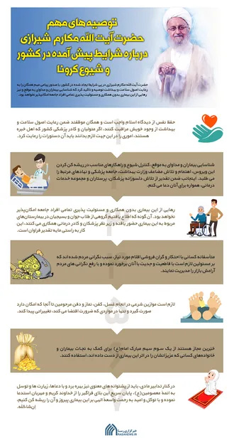 اینفوگرافیک | توصیه&zwnj;های مهم آیت الله مکارم درباره شرایط پیش آمده در کشور و شیوع کرونا