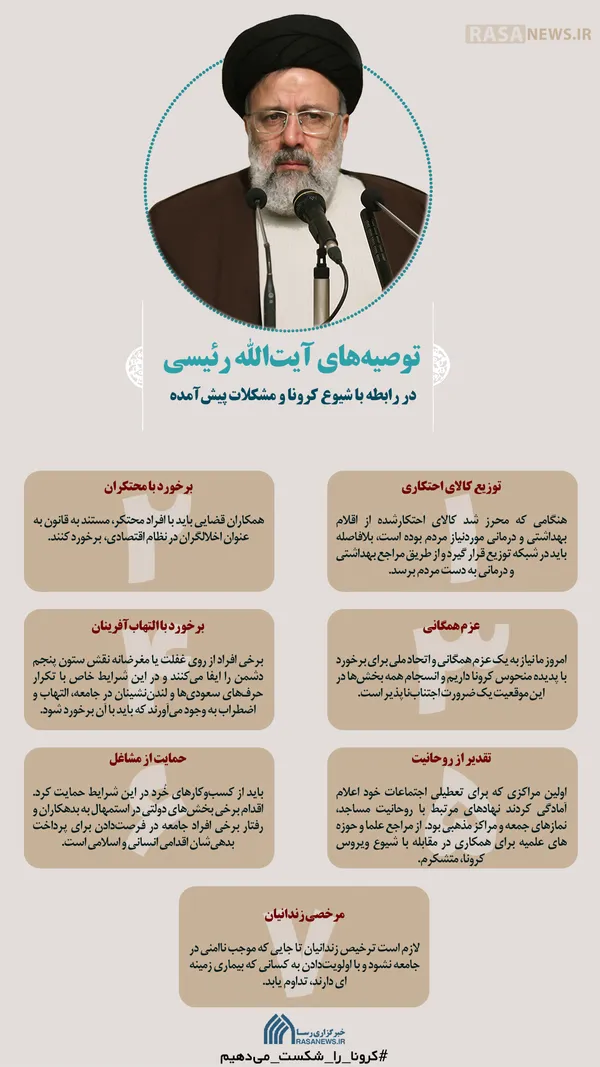 اینفوگرافیک | توصیه&lrm;های آیت&lrm;الله رئیسی در رابطه با شیوع کرونا و مشکلات پیش&lrm;آمده